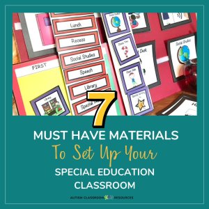 A display of colorful classroom materials, including labeled schedule cards and folder organizers, featuring essential learning tools for autism: 7 Must Have Materials to Set Up Your Special Education Classroom.