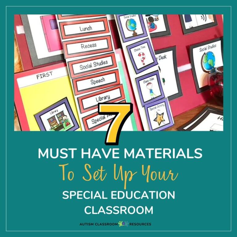A display of colorful classroom materials, including labeled schedule cards and folder organizers, featuring essential learning tools for autism: 7 Must Have Materials to Set Up Your Special Education Classroom.