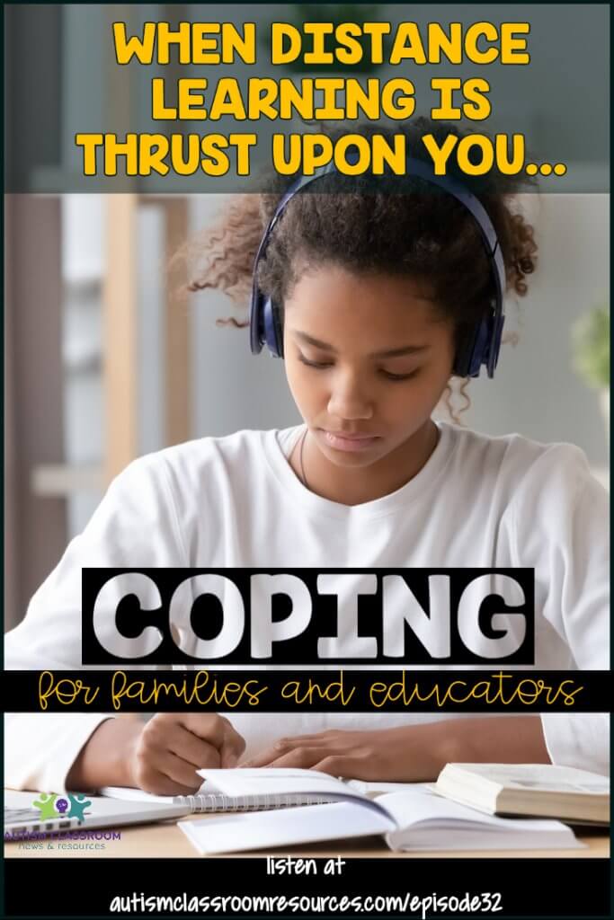 When distance learning is thrust upon you: Coping for families and educators [girl with headphones at the computerr]