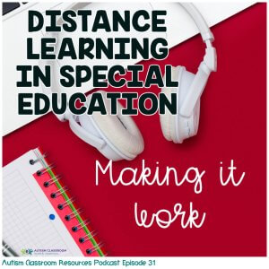 Distance Learning in Special Education: Making it Work. Autism Classroom Resources Podcast Episode 31 [picture of headphones, laptop and notebook on red background]