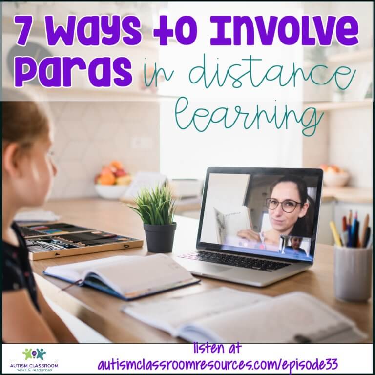 7 Ways to Involve Paras in Distance Learning. Listen at autismclassroomresources.com/episode33 from Autism Classroom Resources Podcast. A girl looking at a computer with a video of a teacher.