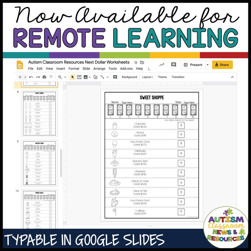 Next dollar worksheets now available for remote learning in Google Apps