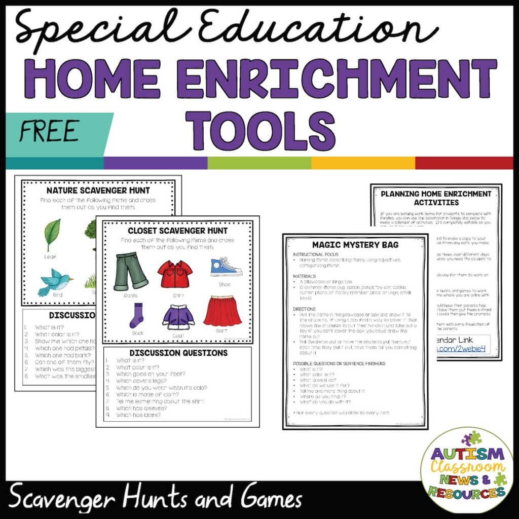 Special Education Home Enrichment Tools. Picture of 2 scavenger hunts with pictures and 2 lesson plans for encouraging language in games. From Autism Classroom Resources