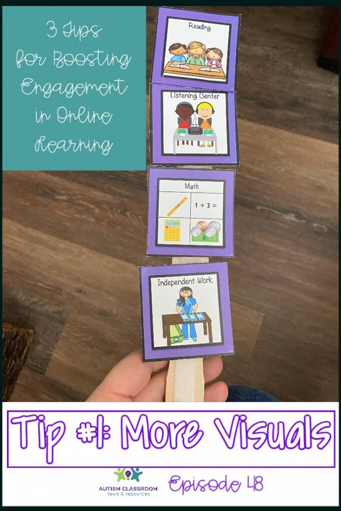 3 tips for boosting engagement in online instruction. Tip #1 Use Visuals. Autism Classroom Resources Podcast Episode 48 [4 schedule visuals with pictures on a stick]