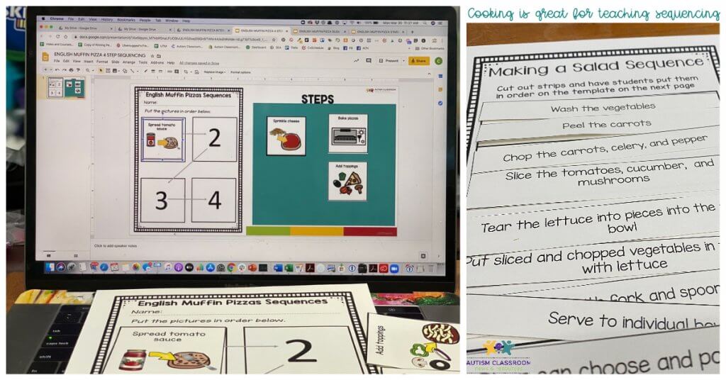 sequencing is a great literacy activity in cooking. Cooking in the classroom Episode 49. Picture includes English Muffin Pizza sequencing with pictures on computer and on paper and Sentence sequencing with tossed salad recipe.