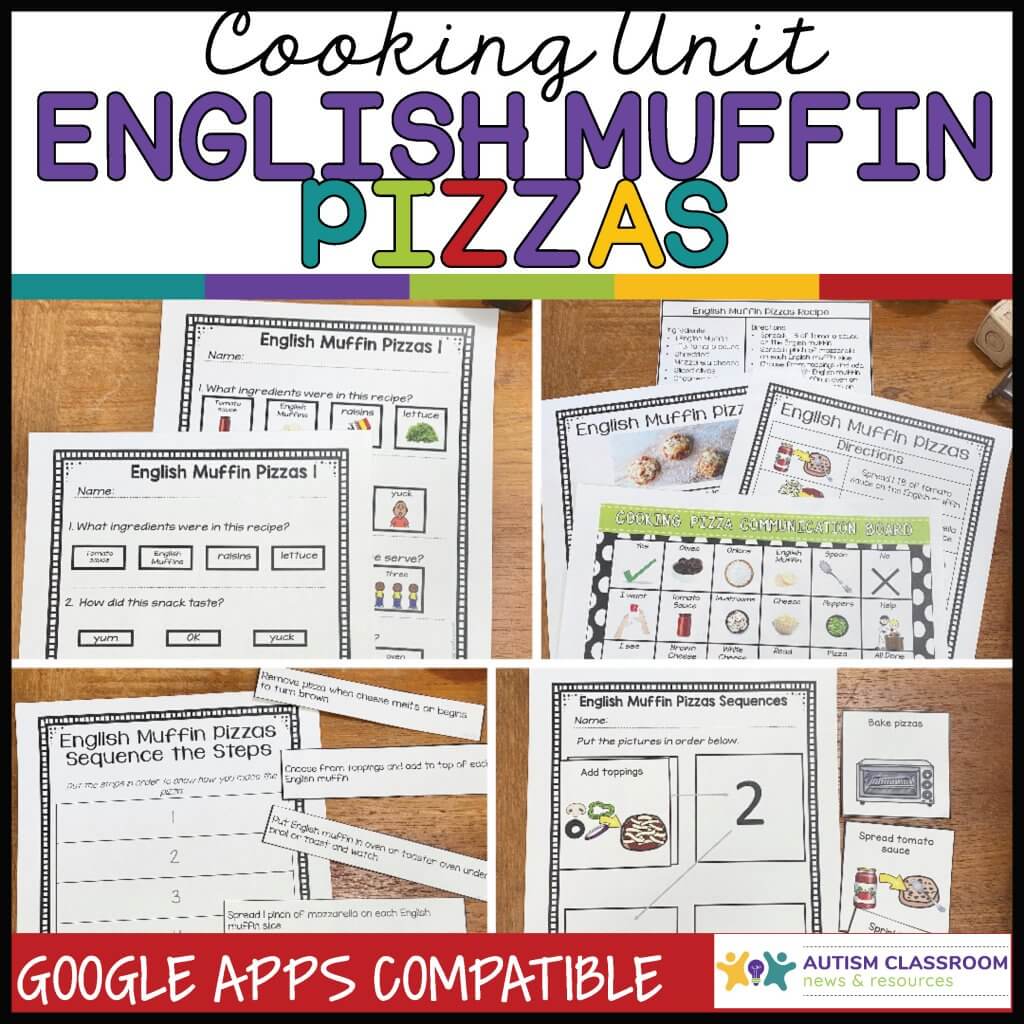 Cooking Unit: English Muffin Pizzas. Google Drive ready. Sequencing, communication board, recipes, worksheets activities shown.