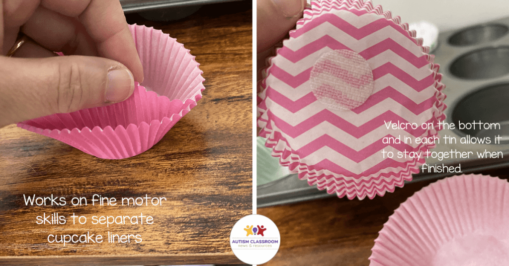 The task works on Works on fine motor skills to separate cupcake liners. The Velcro keeps the liners in the muffin tin when the students put it in the finished basket.