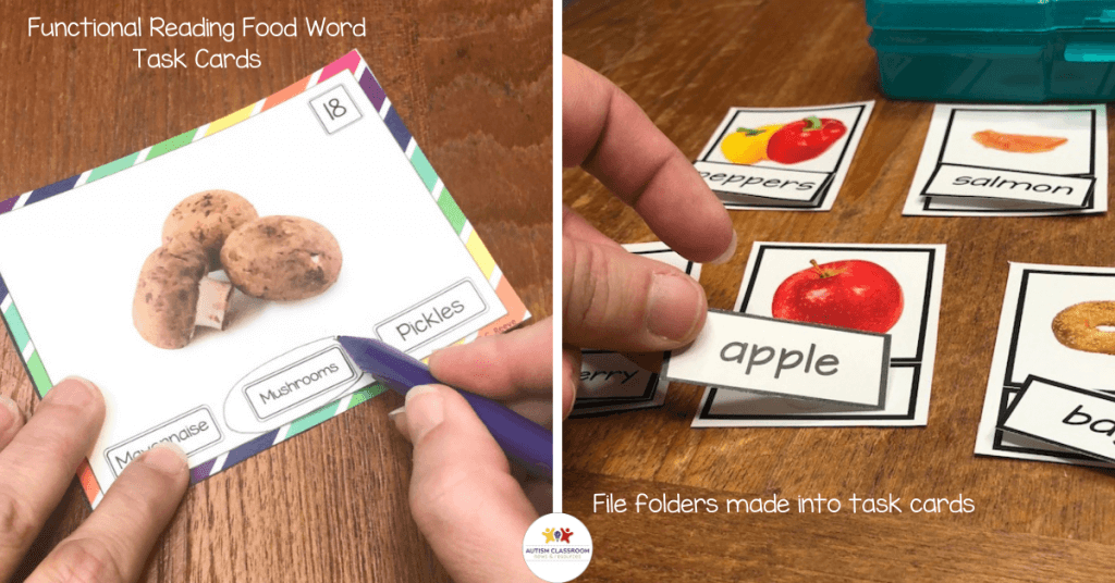 Multiple choice task cards from the Food Word Functional Reading Task Cards and on the right task cards with matching words from the file folders above.