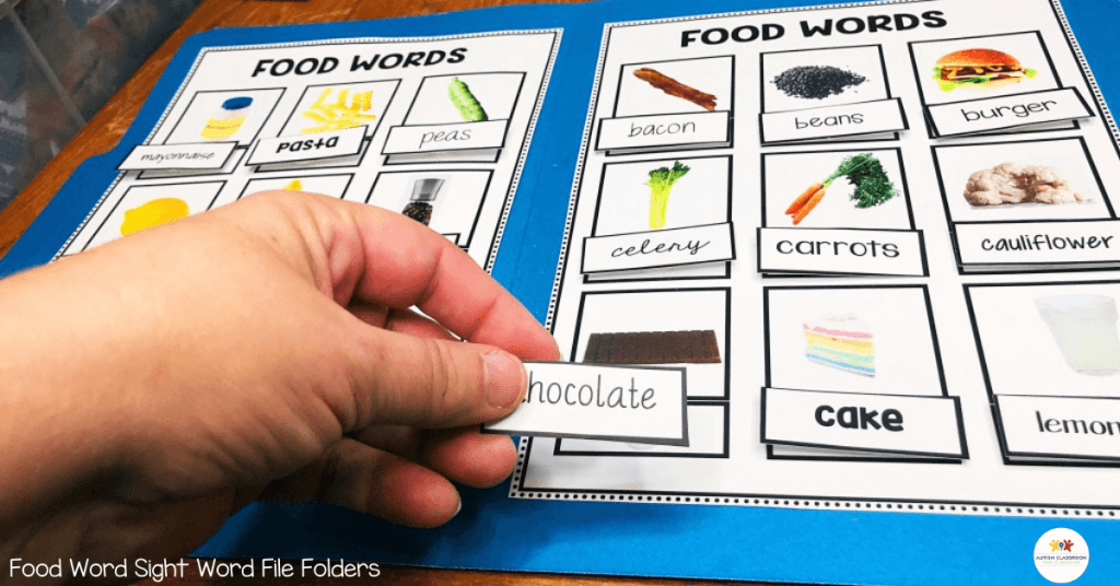 File folder activity matching food words to pictures