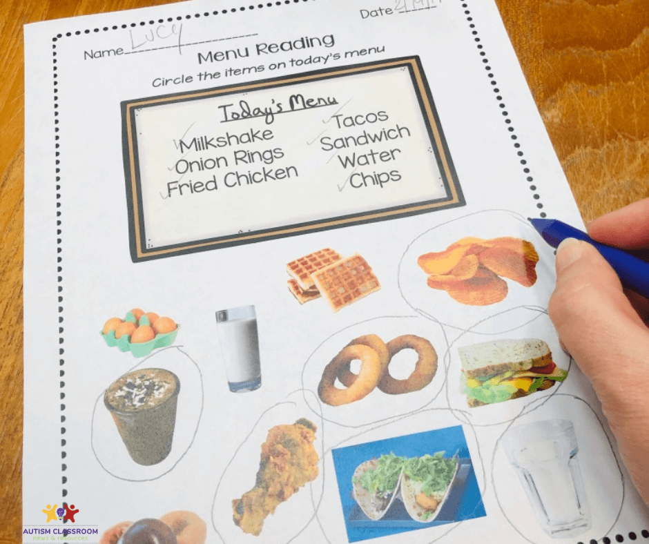 Menu Reading worksheet