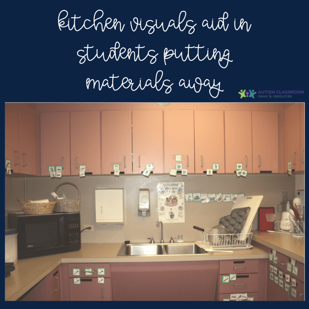 Kitchen Visuals Aid in Students Putting Materials Away (a picture of a classroom using kitchen visuals for putting materials away)
