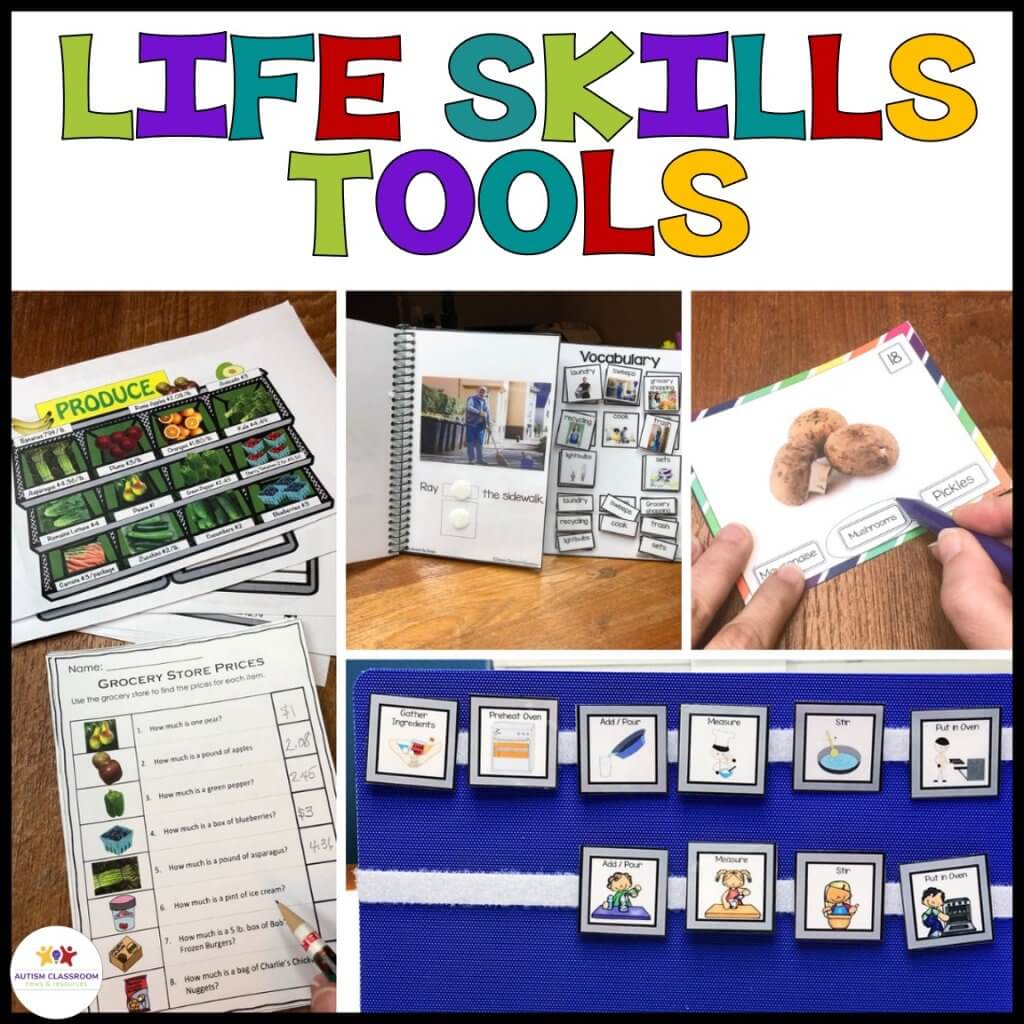 Life skills tools on TpT: Grocery shopping prices, around the house interactive book, mini schedules for cooking and a task card for identifying the word potatoes from a picture