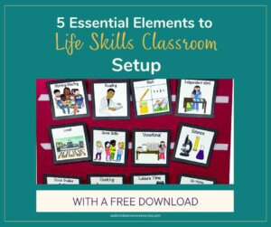 A graphic titled 5 Essential Elements to Life Skills Classroom setup displays illustrated cards for activities like reading, math, lunch, science, social skills, vocational tasks, and leisure time. FREE DOWNLOAD is noted at the bottom.