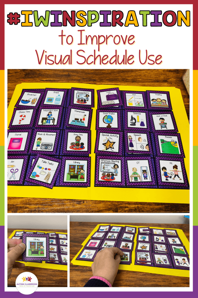 Independent work inspiration: how to improve visual schedule use with this independent work task. [a picture of visual schedules pictures on a file folder matching].