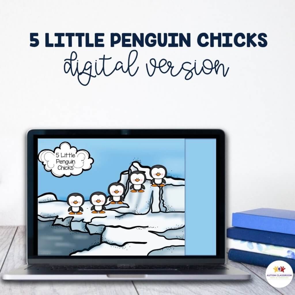 Penguin chicks on ice virtual activities on laptop. 3 little penguin chicks digital version