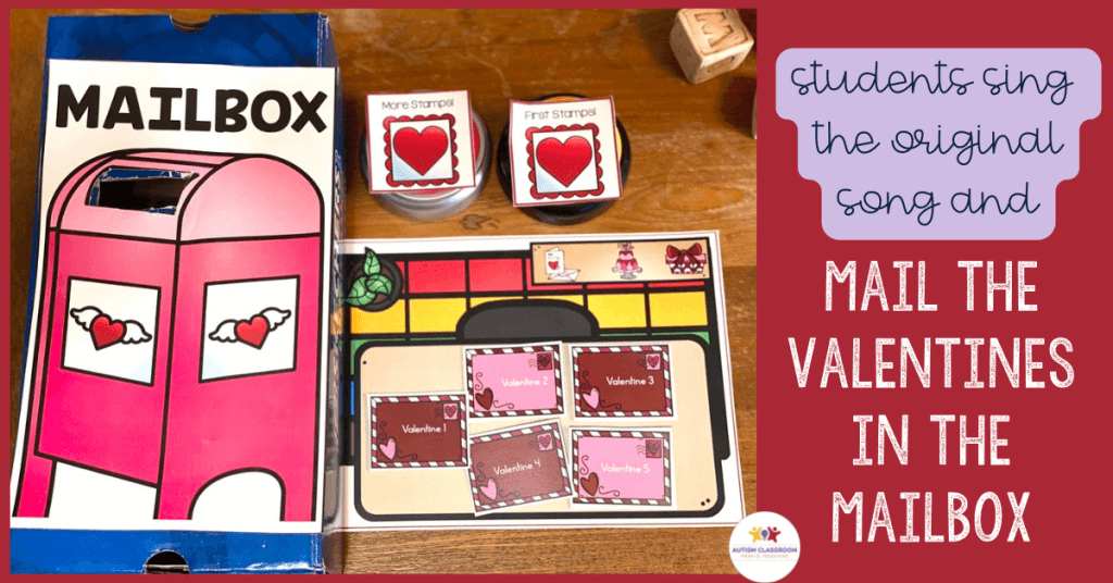 Making-preschool-circle-time-activities-meaningful-for-Valentines-day. A mailbox mounted on a shoebox with valentine cards on a desk with 2 speech generating device switches set up with visuals to say repeating phrases in the activity. 