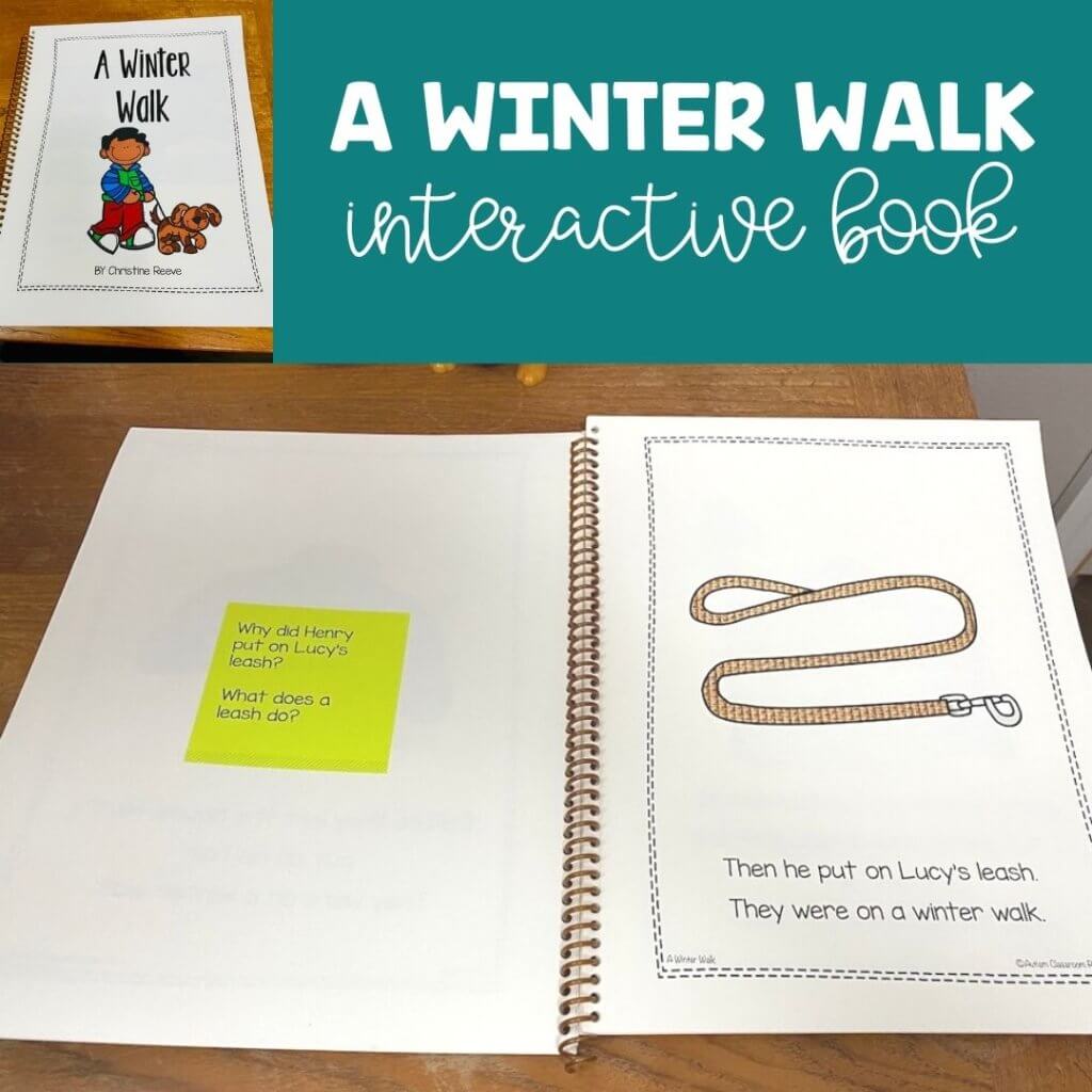 A winter walk interactive book open with cues for adults to ask wh-questions