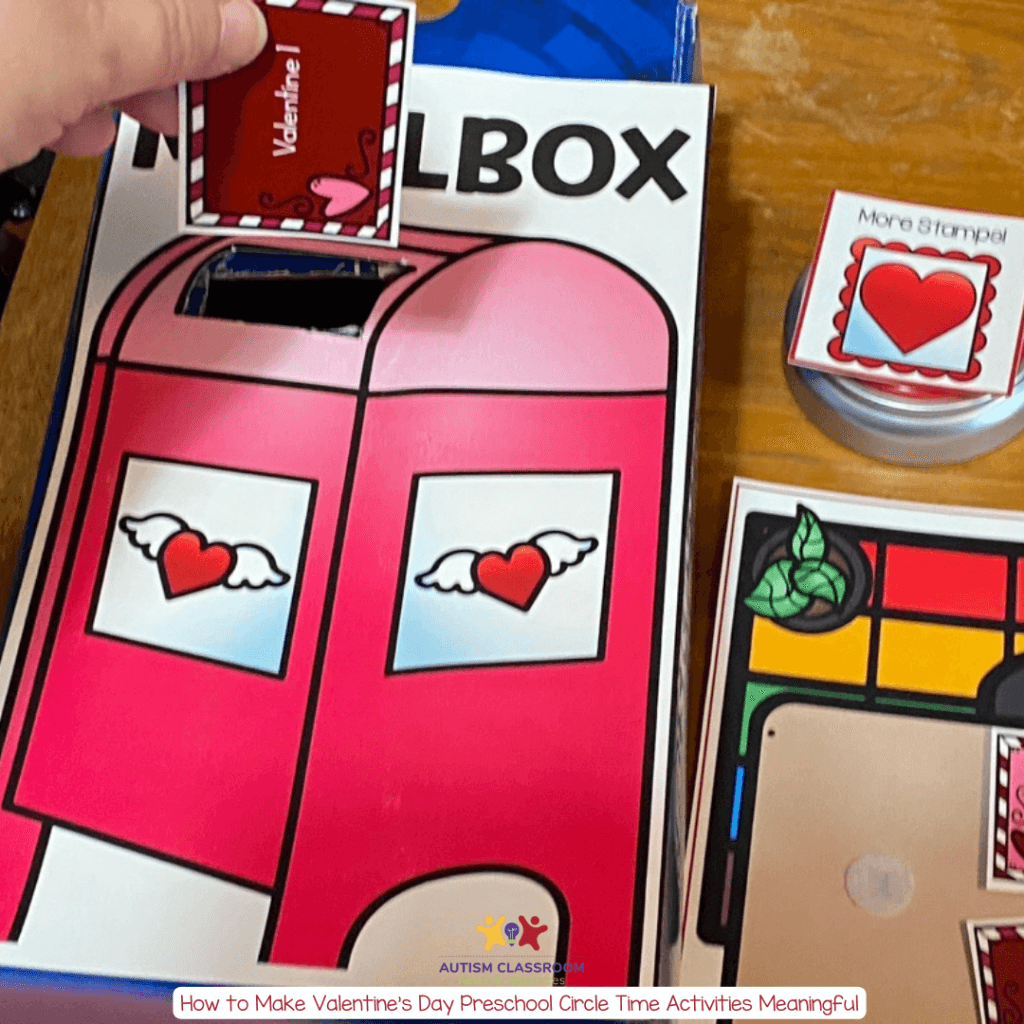 a-mailbox-with a hand putting a valentine into it as part of preschool circle time activities