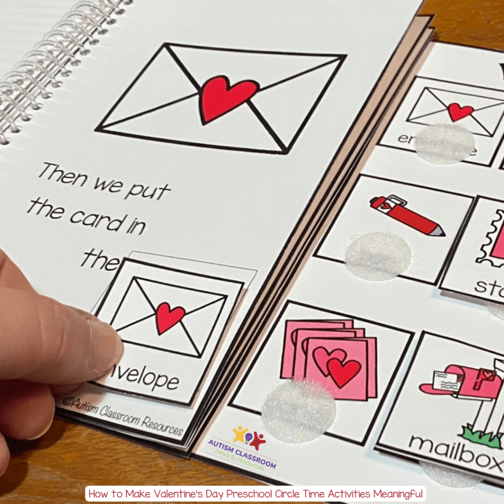 a hand putting a sealed envelope on the page of an interactive book about making and mailing a valentine card