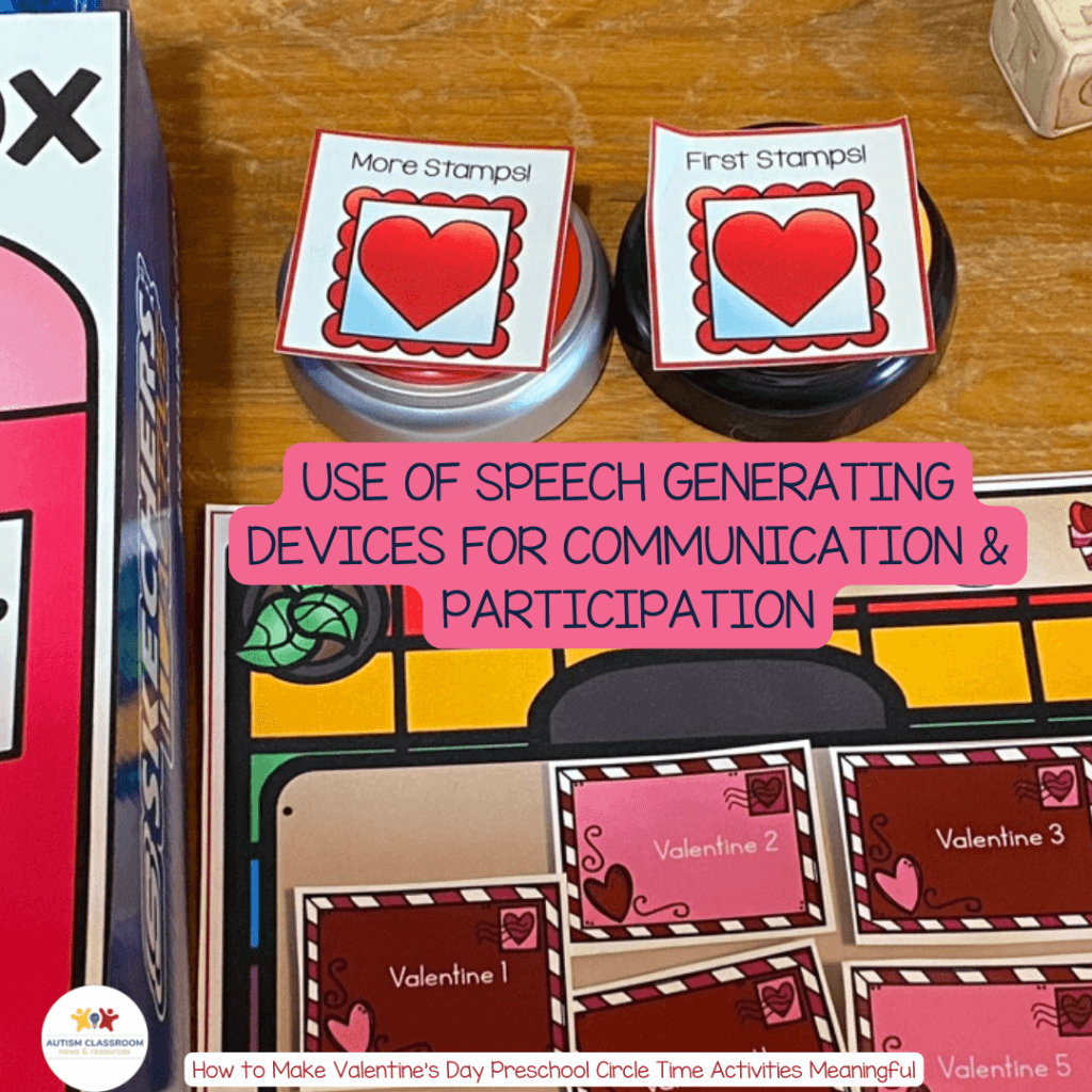 in the five red and white Valentine's circle activity, there are 2 messages that can be delivered by speech generating switches to give a role to students who are nonverbal or need to use augmentative communication.