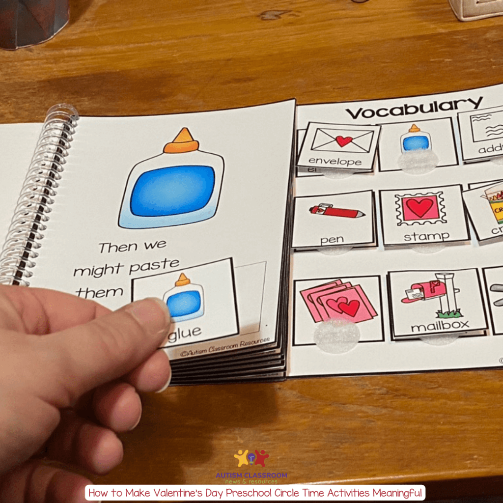 a hand putting glue on a page of an interactive book with a picture of a glue bottle as part of valentines' day preschool circle time activities