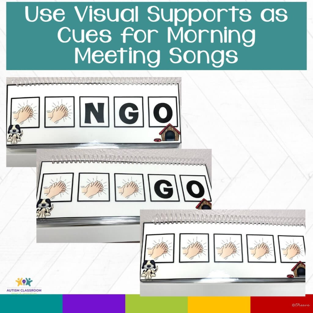 Use visual supports as cues for morning meeting songs. Picutred are songs for the B-I-N-G-O song with 2 claps then NGO, then 3 claps then GO then all 5 claps as examples of how the claps are shown to help students know how many times to clap as the song progresses
