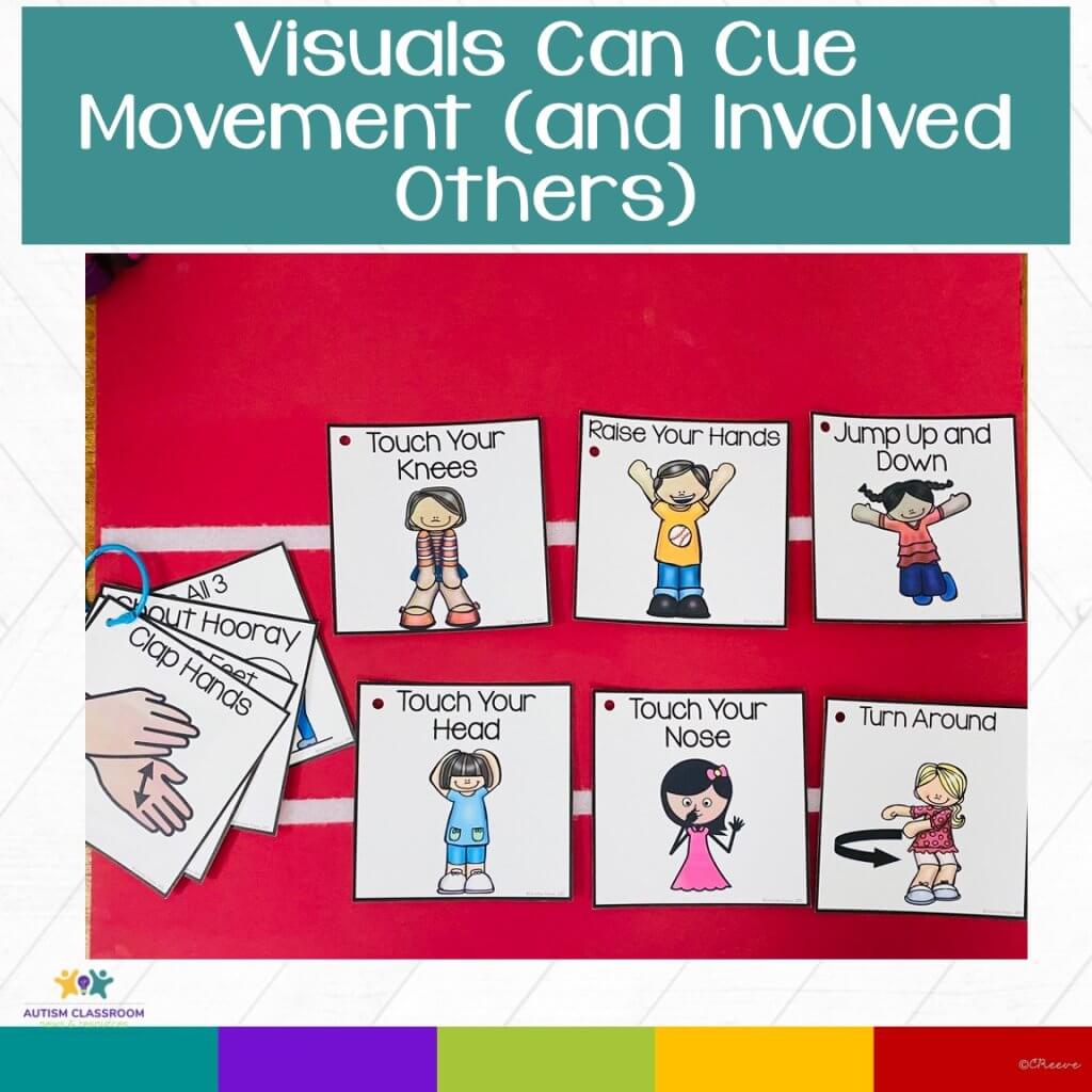 Visuals can cue movement and involve others. pictures of If You're Happy and You Know It visuals--held on a ring and then displayed on a board.