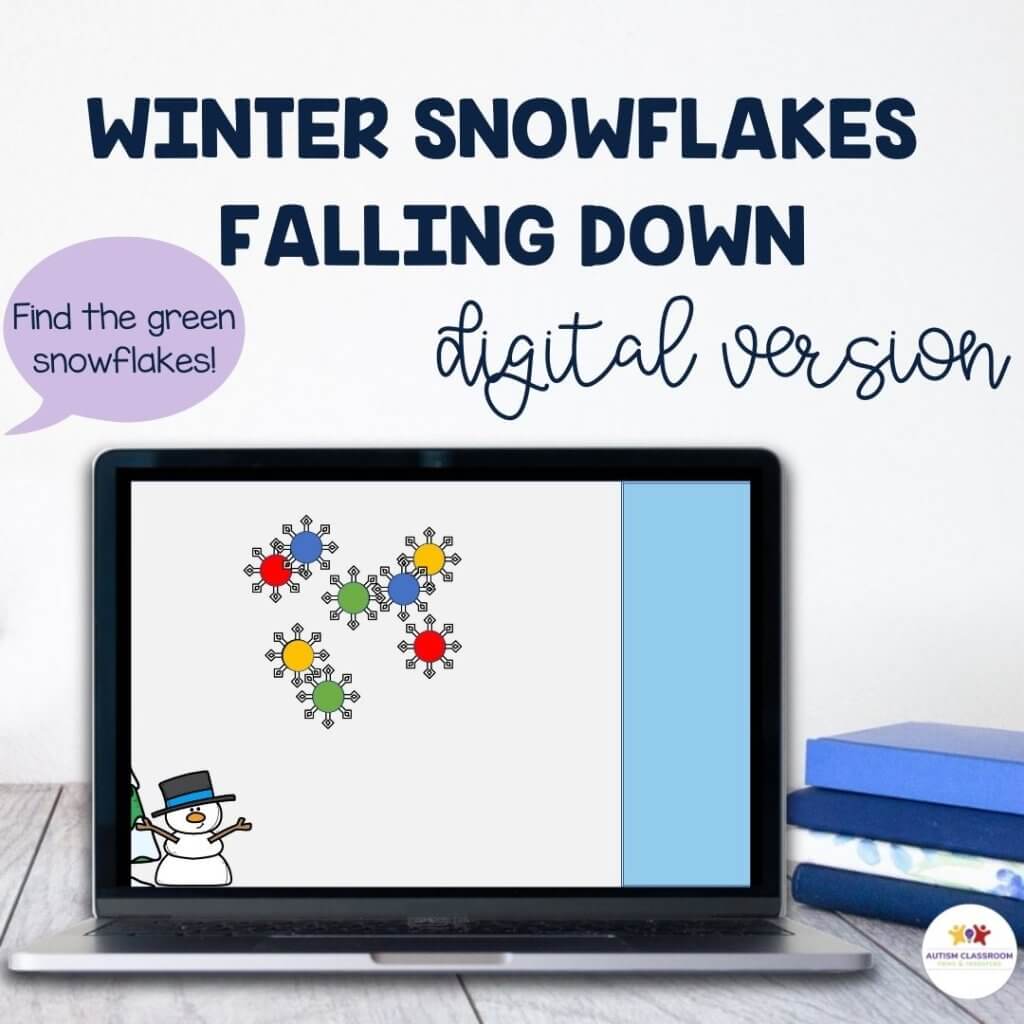 winter snowflakes falling down digital version with chat box saying find the green ones