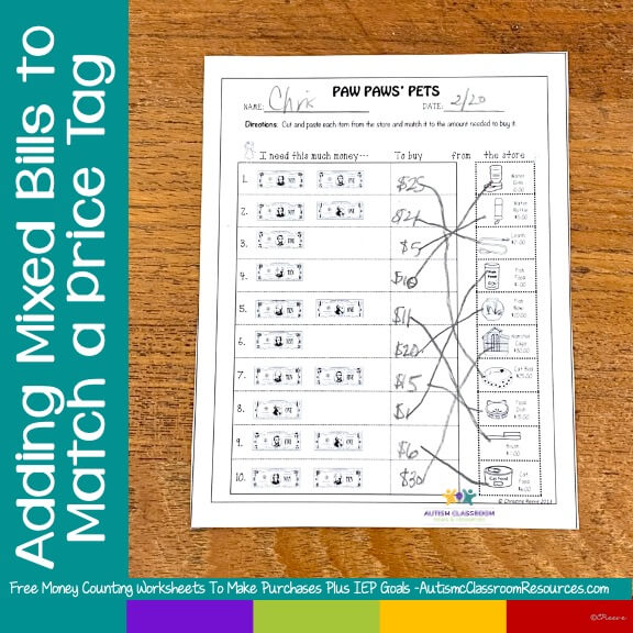 adding-mixed-bills-to-match-a-price-tag-on-money-worksheets