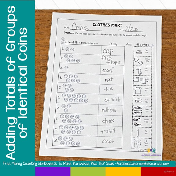 adding totals of groups of identifical coins on counting money worksheets