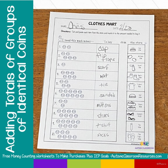 Free Money Counting Worksheets To Make Purchases Plus IEP Goals