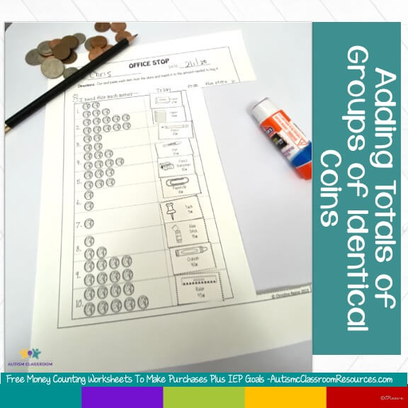 adding totals of identical coins on money counting worksheet with cut and paste