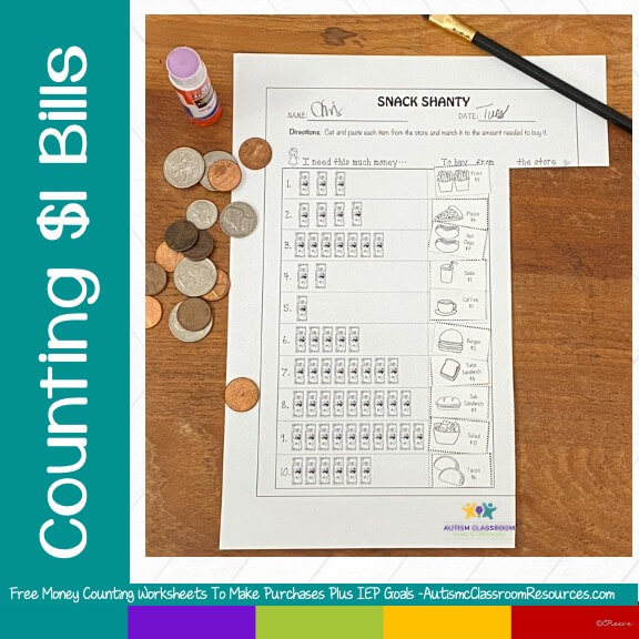 Free Money Counting Worksheets To Make Purchases Plus IEP Goals