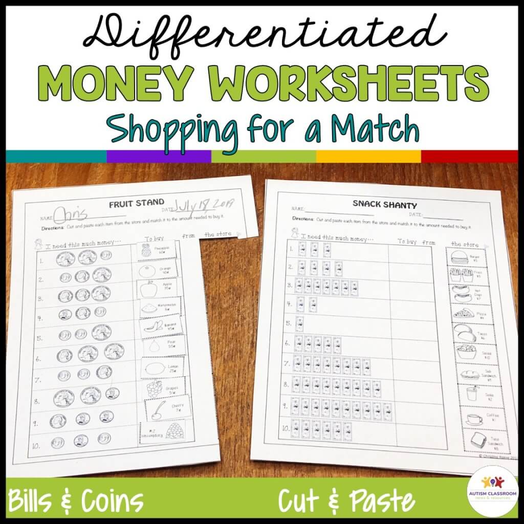 Differentiated money worksheets: Shopping for a match. 2 worksheets-one with coins and one with bills. Includes coins and bills counting.