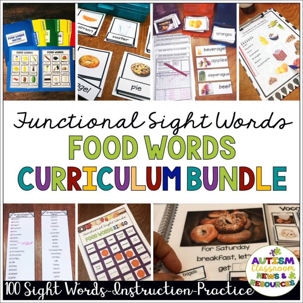 Functional Sight Words: Food Words Curriculum Bundle [pictures of food word bingo, food interactive books, food worksheets, food discrete trials and food word fluency drill materials]