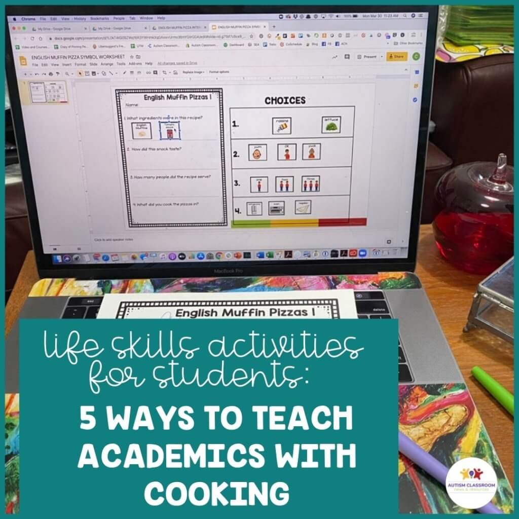 computer with Google slides showing a worksheet with a visual recipe and visuals to answer questions about the recipe.  Life Skills Activities for Students: 5 Ways to Teach Academics With Cooking