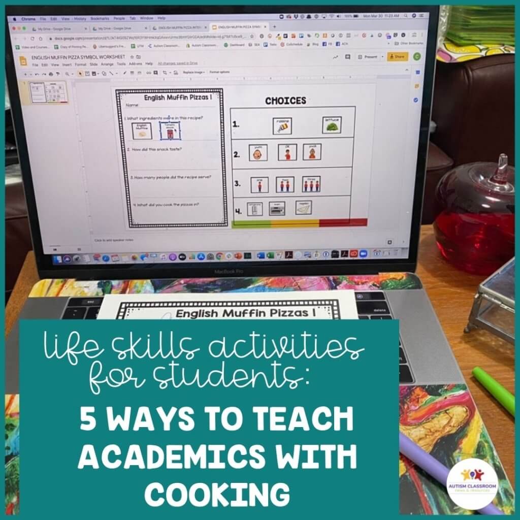 computer with Google slides showing a worksheet with a visual recipe and visuals to answer questions about the recipe. Life Skills Activities for Students: 5 Ways to Teach Academics With Cooking