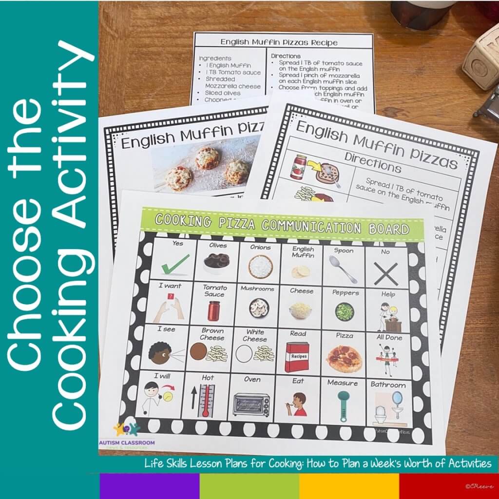 Start planning life skills lesson plans for cooking by choosing the cooking activity. [picture of communication board and tossed salad recipe with pictures and without.]