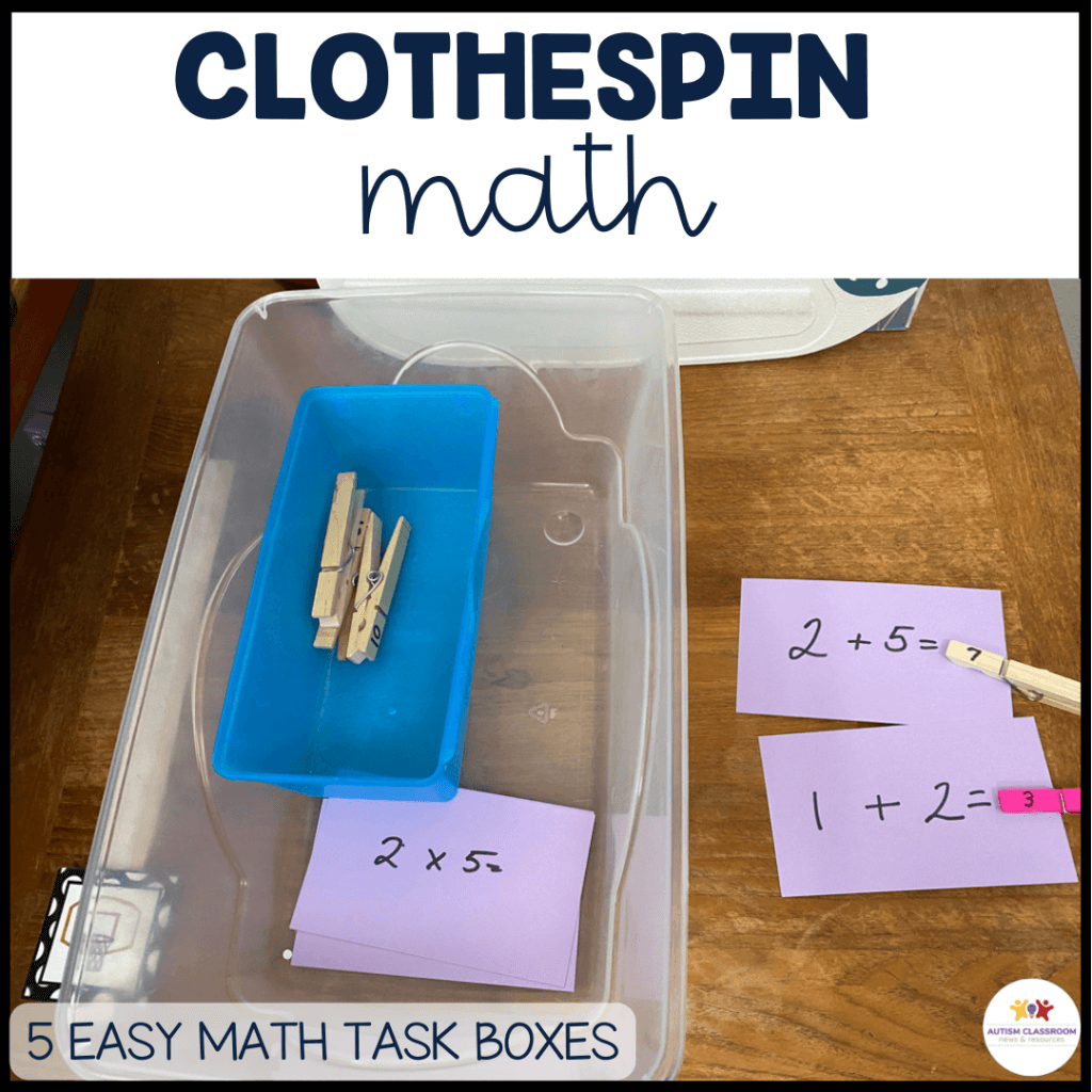 Clothespin math-picture of index cards with math problems and clothespins with the answers