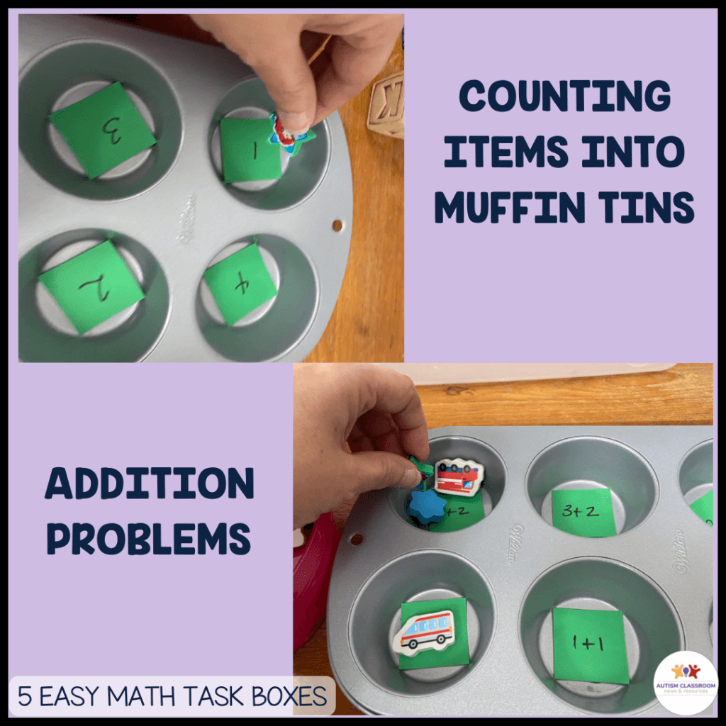 counting items into muffin tins with numbers in the bottom and counting items into muffin tins with addition problems in the bottom are good math task boxes 