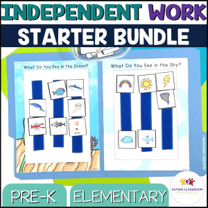 Independent Work Starter Bundle. For Pre-K and Elementary. Picture shows file folder game asking what do you see in the ocean? It has pictures of animals that live in the ocean.