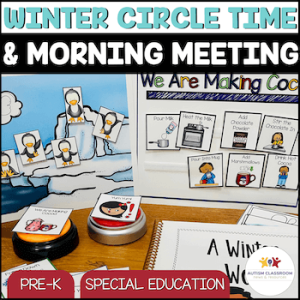 Winter circle time & morning meeting. For pre-k and special education. Shows winter morning meeting kit with penguins. Includes 3 circle time songs.