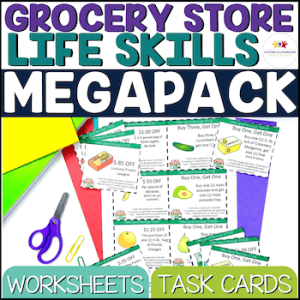 Grocery Store Life Skills Megapack. Worksheets and task cards. A product that focuses on grocery store math.