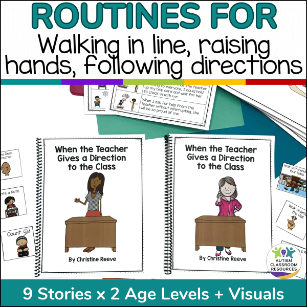 Routines for Walking in line, raising hands, following directions, for social stories