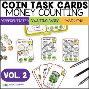 Counting US Coins Task Cards Vol 2 features coin images, price amounts up to $2, and answer choices. Includes matching to grocery price tags for differentiated activities. Two pencils, a box, and extra cards are pictured.
