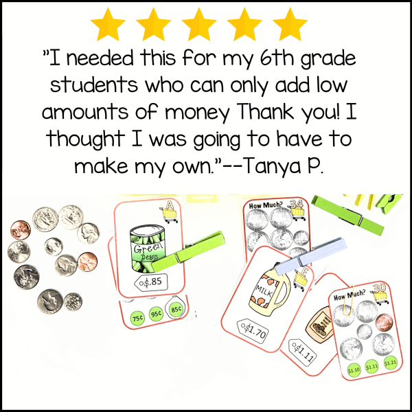A 5-star review praises Counting Coins Task Cards Vol 2 - Up to $2 with Matching to Grocery Price Tags for 6th graders. Illustrated cards show coins and price tags for items like milk and green beans, with loose coins on the left.