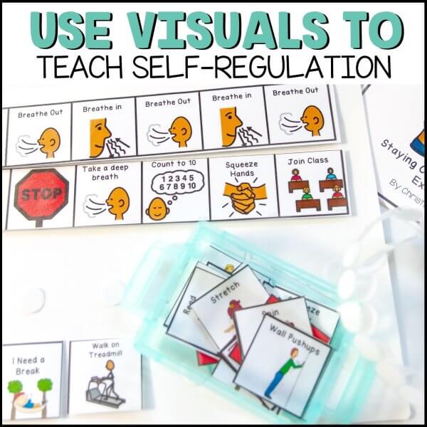 Calm Down Corner Tools: Social Stories & Visuals for Self-Regulation & Behavior includes illustrated cue cards with steps like breathing out, deep breathing, squeezing hands, and joining class. Bonus cards store in a plastic container.