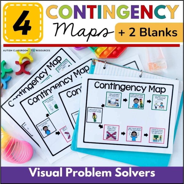 The “Managing Anxiety Social Stories & Behavioral Toolkit for Teaching Self-Regulation” includes 4 contingency maps plus 2 blanks in a binder, with colorful toys—a visual toolset for managing anxiety. Cover: Visual Problem Solvers.