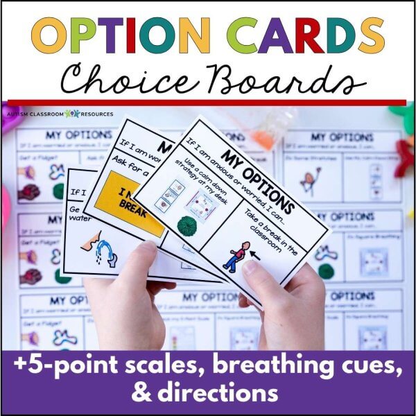 A person holds option cards for self-regulation activities from the Managing Anxiety Social Stories & Behavioral Toolkit, set on a choice board background. Text highlights +5-point scales, breathing cues, and directions. Heading: Option Cards Choice Boards.