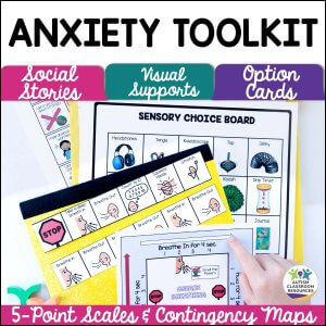 The Managing Anxiety Social Stories & Behavioral Toolkit for Teaching Self-Regulation includes a sensory choice board, option cards, and 5-point scales with symbols—all displayed on a table with a yellow folder and a hand arranging cards.